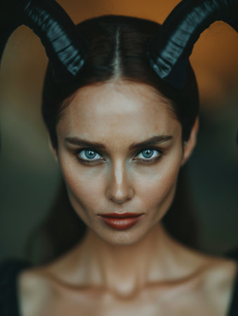 Mysterious woman with dark horns and intense gazeの素材