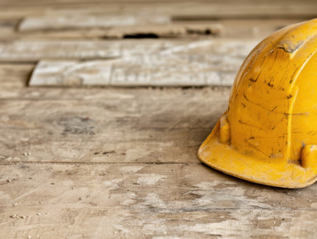 Construction hard hat on a wooden floorの素材