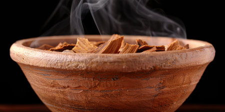 Smoldering wood chips in a rustic wooden bowlの素材