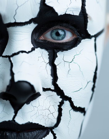 Cracked face with piercing blue eyeの素材