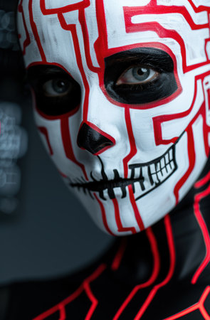 Mysterious masked figure with striking red and black facial designの素材