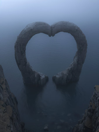 heart-shaped rock formation in misty lakeの素材