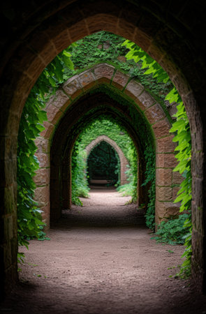 Enchanting stone archway surrounded by lush greeneryの素材