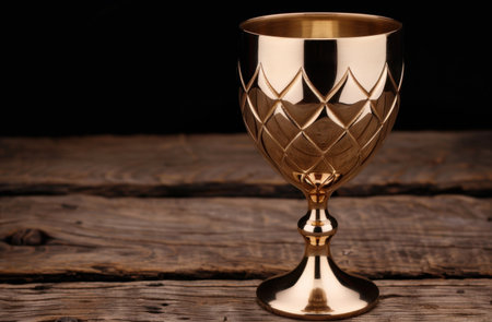 Ornate golden chalice on rustic wooden tableの素材
