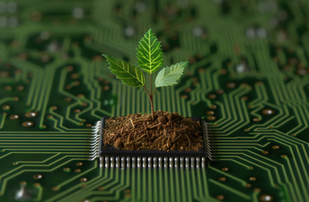 Green plant growing on circuit boardの素材