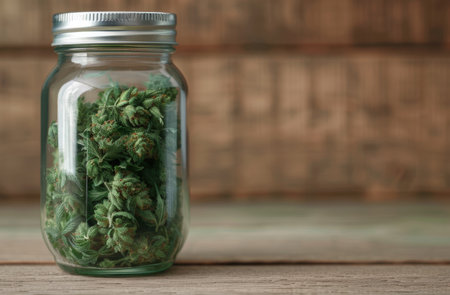 Medicinal cannabis buds in glass jarの素材