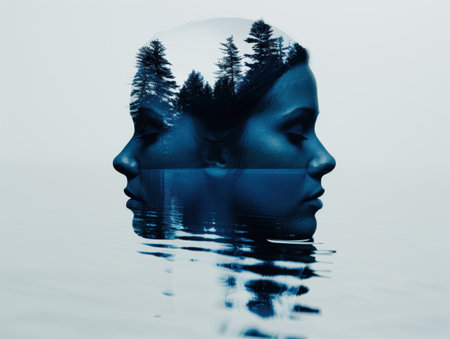 Surreal double exposure portrait with forest reflectionの素材