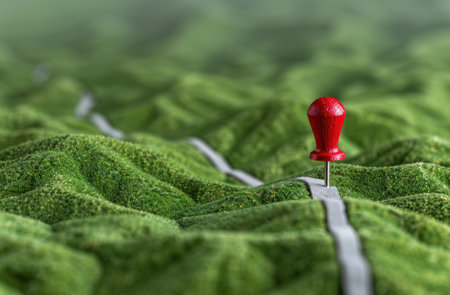 Red push pin on moss-covered landscapeの素材