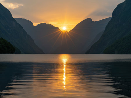 Breathtaking sunset over a serene mountain lakeの素材