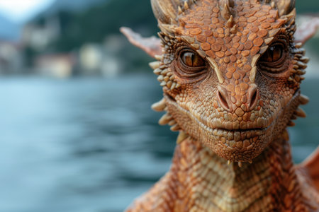 close-up of a scaly reptile with piercing eyesの素材