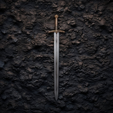Ornate medieval sword against dark rock wallの素材