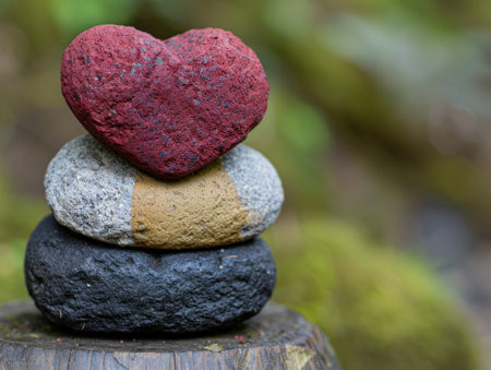 heart-shaped rock stack on wooden stumpの素材