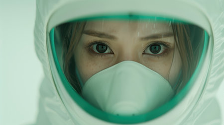 close-up of person wearing protective medical maskの素材