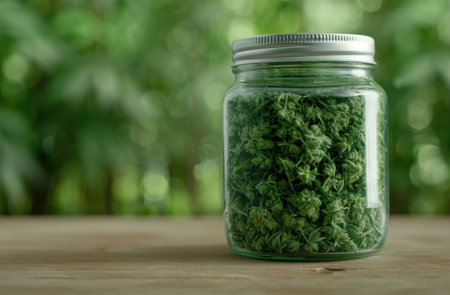 Freshly harvested cannabis buds in a glass jarの素材