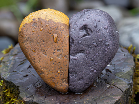 Cracked heart-shaped stone with water dropletsの素材