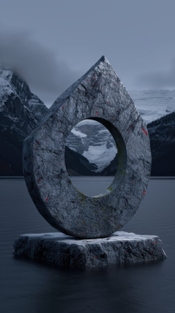 Mysterious stone arch in serene mountain lakeの素材