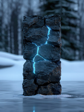 Glowing rock formation in frozen lakeの素材