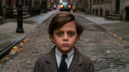 young boy in a city streetの素材