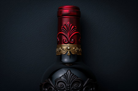 Ornate red and gold glass bottle on dark backgroundの素材