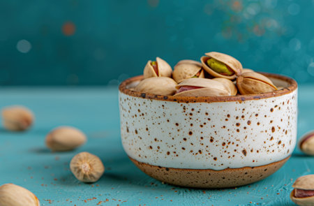 Delicious roasted pistachios in a rustic ceramic bowlの素材