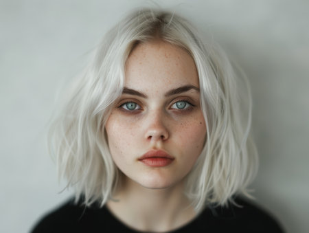 Captivating portrait of a young woman with striking blue eyes and platinum blonde hairの素材