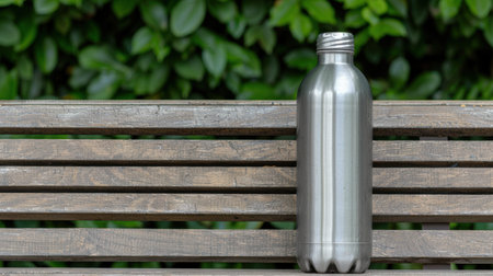 Reusable metal water bottle on wooden benchの素材