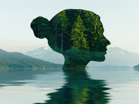 serene nature landscape with silhouette reflectionの素材