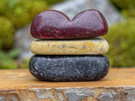 Stacked colorful stones on wooden surfaceの素材