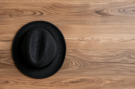 black cowboy hat on wooden backgroundの素材