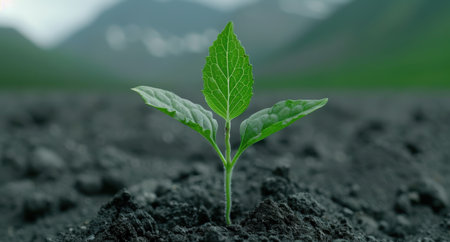 Vibrant green plant sprout growing from soilの素材