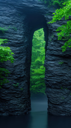 Lush green foliage framing a serene natural poolの素材