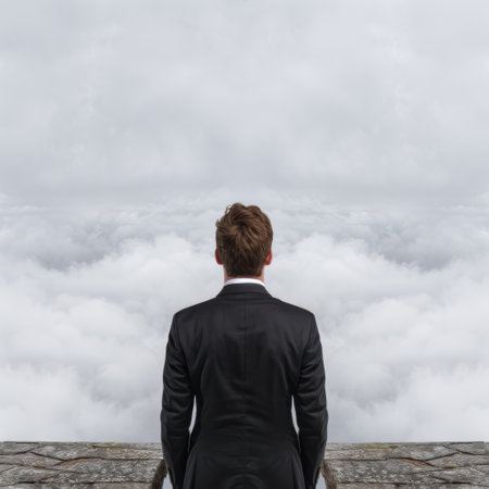 businessman looking out over cloudsの素材