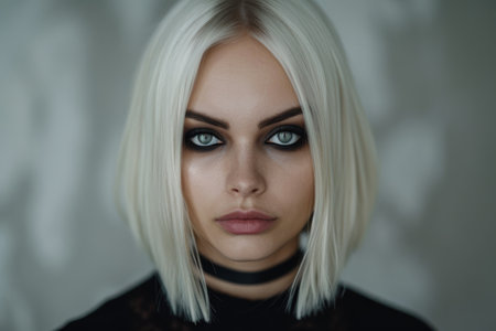 Intense gaze of a woman with striking platinum blonde hairの素材