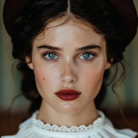 Captivating portrait of a young woman with striking blue eyes and dark ...