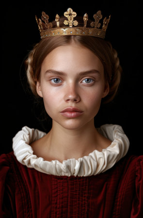 Regal young woman in crown and red dressの素材