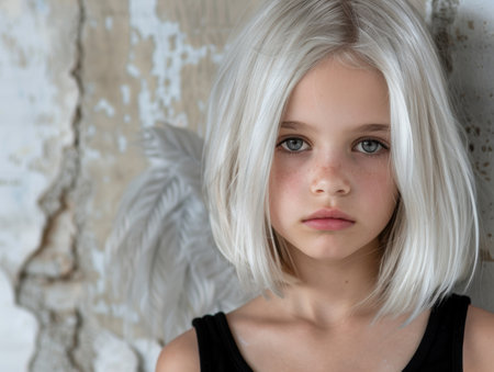 Thoughtful young girl with platinum blonde hairの素材