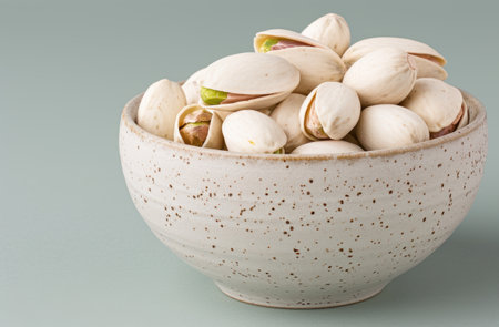 Delicious pistachio nuts in a ceramic bowlの素材