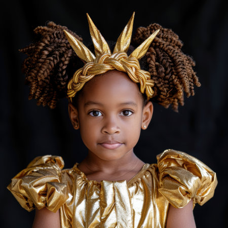young girl with braided hair and golden crownの素材