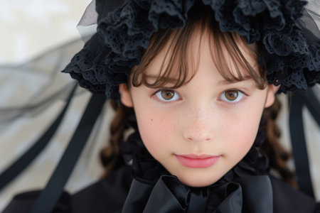 Elegant young girl in black lace dressの素材