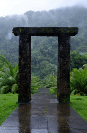 Ornate stone archway in lush tropical rainforestの素材