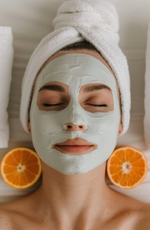 woman with facial mask and orange slicesの素材