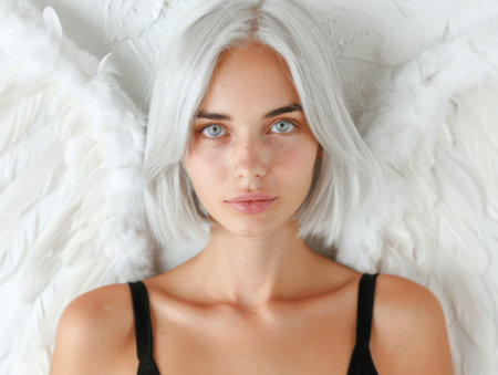 Alluring woman with striking white hair and piercing blue eyesの素材