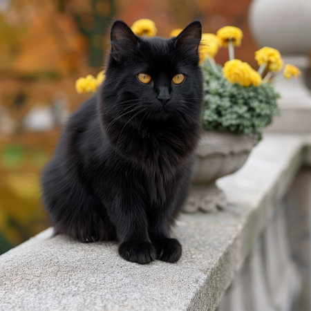 Elegant black cat sitting on a stone wall with yellow flowersの素材