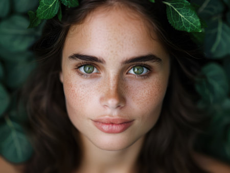 Captivating portrait of a young woman with striking green eyesの素材