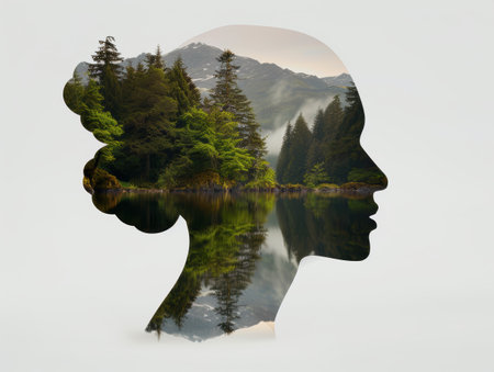 serene mountain lake reflection in silhouette profileの素材