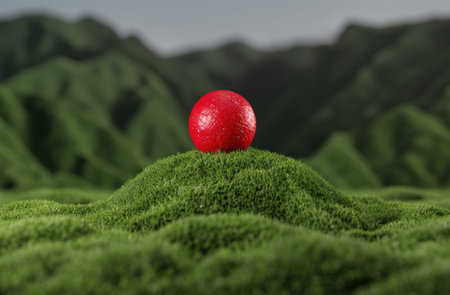 Vibrant red apple on lush green mossの素材