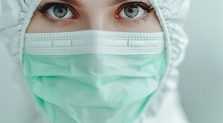 close-up of person's eyes wearing medical maskの素材