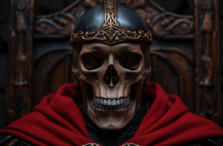 Mysterious skull with ornate crown and red cloakの素材