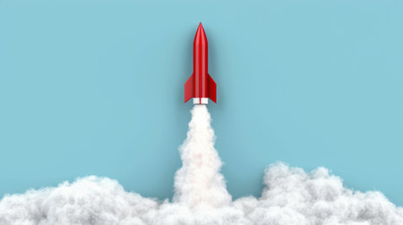 red rocket launching through cloudsの素材