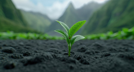 Lush green plant growing in dark soilの素材